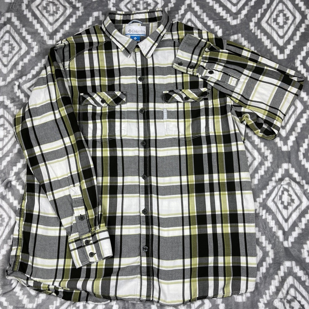 Columbia Shirt Mens XXL Green Plaid Flannel Button Up Long Sleeve Cotton Outdoor